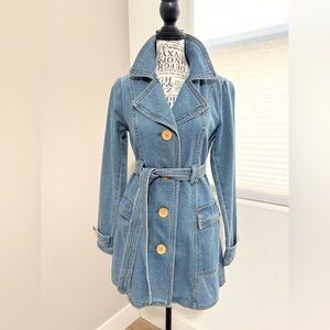 Vintage Forever 21 Denim Belted Jacket 2000s Y2K Trench Style XS